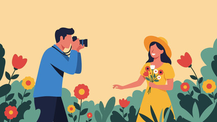 Photographer capturing woman in vibrant flower garden with bouquet