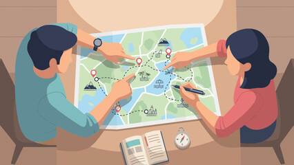 Couple planning vacation route on detailed travel map together