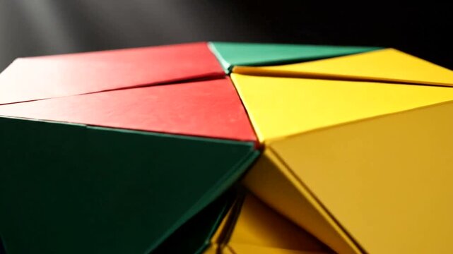Colorful geometric shapes arranged in a dynamic composition with shadows