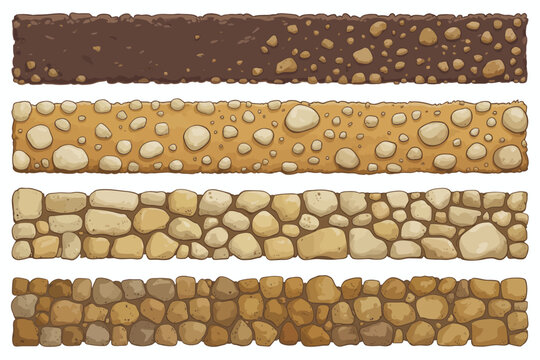 Cartoon layers of soil gravel cobblestone and rock wall textures in earth tones dirt ground