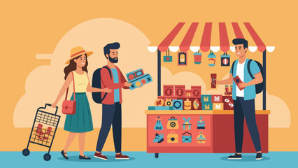 Happy tourists shopping at a vibrant market stall on a sunny day