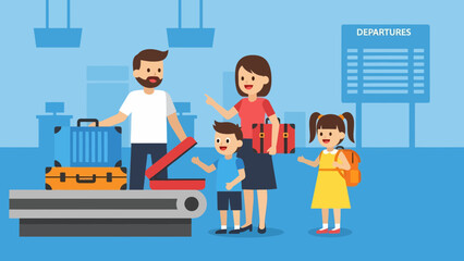 Happy family with luggage at airport departure gate with children