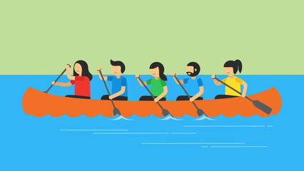 Diverse group of friends paddling together in an orange canoe on a calm blue lake