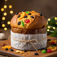 Delicious panettone cake with candied fruits and raisins on wooden board