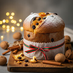 Delicious panettone cake with raisins and powdered sugar on wooden board