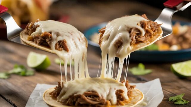 Delicious cheesy tacos being lifted with melted cheese strings