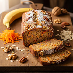 Delicious carrot cake loaf with nuts and oats on wooden board