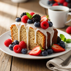 Delicious cake with white icing and mixed berries on plate