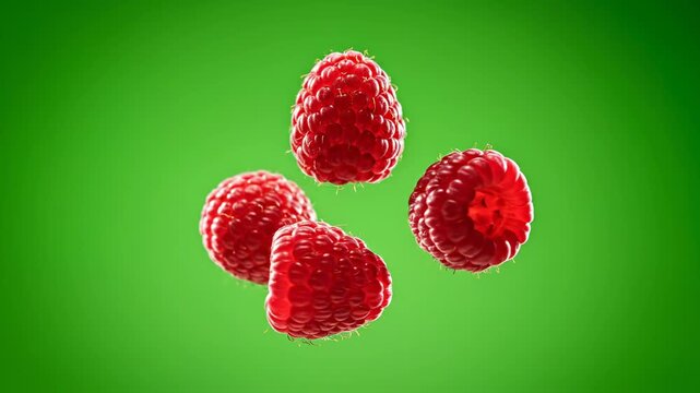 Isolated three ripe red raspberries gently spinning and floating against a pure chroma key green screen background for easy keying and compositing organic, key, stock