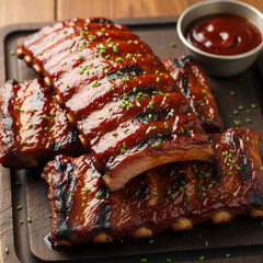 Deliciously glazed ribs on a wooden tray with barbecue sauce