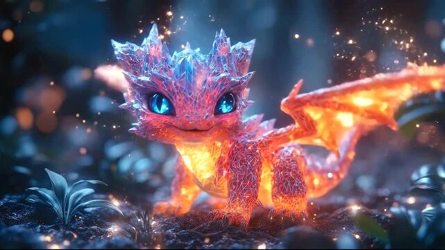 Colorful dragon creature in a magical forest scene