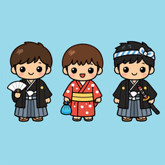 Kawaii Japanese Boys &ndash; Traditional Kimono Clipart