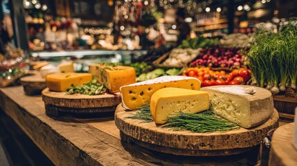 A vibrant display of assorted cheeses on wooden boards, surrounded by fresh vegetables, in a bustling market setting.