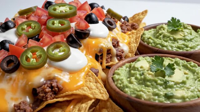 Isolated wide shot of a complete platter of colorful nachos with a side bowl of creamy avocado dip and fresh ingredients ready for compositing clean background, graphics integration, cutout