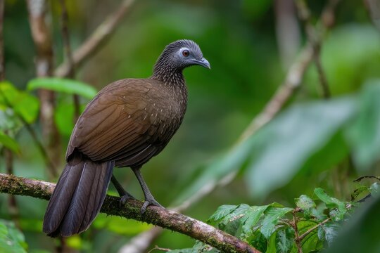 Grey-Headed Chachalaca Perched Among Lush Foliage in Boca Tapada Rainforest, Costa Rica