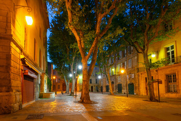 Fototapeta premium Evening view of a cobbled street with trees and historic buildings in Aix en Provence, France