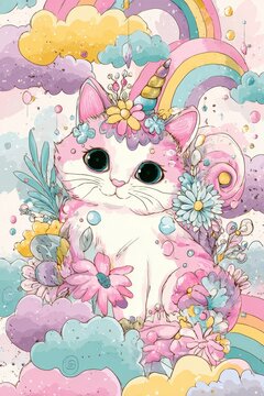 Charming Kittycorn: A Whimsical Cat with Rainbow Features Amidst Floral Clouds