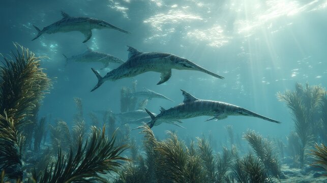 Jurassic Ichthyosaurs Gliding Above Lush Seaweed in Primeval Oceans: A Captivating 3D Rendering of Prehistoric Aquatic Life