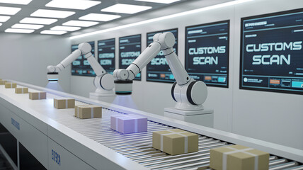 Robotic arms scanning packages on automated customs conveyor