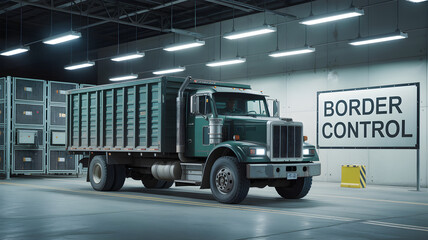 Heavy duty truck approaching border control checkpoint