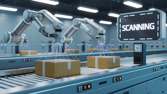 Robotic arms scanning packages on automated conveyor belt - Powered by Adobe
