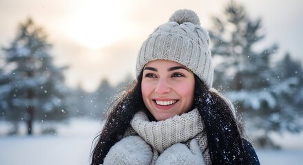 Smiling Woman Enjoying Winter Wonderland Scenery.
