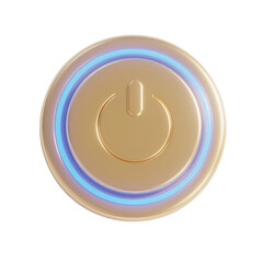 Gold power button icon with soft blue glow, rendered as a realistic 3D UI element. Isolated PNG clipart for startup screens, app interfaces, dashboards, system controls, and modern technology visuals.