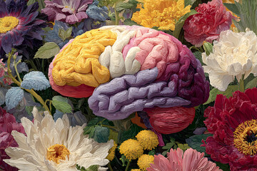 Human brain made of flowers created using Generative AI technology. Concept of mental health.