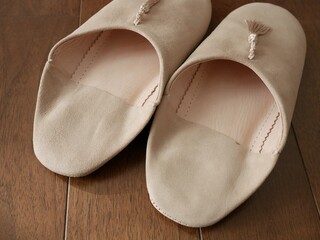 モロッコのベージュのスエードのバブーシュの内側のクッション（マラケシュのお土産）