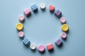 Assorted colorful bubble gum pieces arranged in a circle on a light blue background