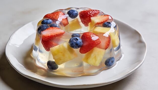 Brightly lit fruit gelatin dessert with berries and pineapple chunks on a white plate gelatin, strawberry.