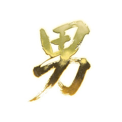 Organic brush strokes and realistic gold Kanji characters &ldquo;男&rdquo;, meaning &ldquo;man&rdquo;, alpha channel