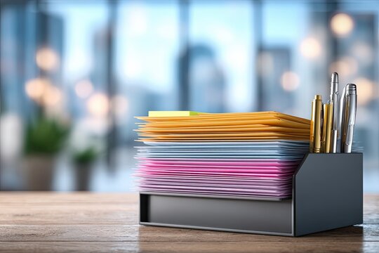 A professional document tray filled with stacks of colorful files and folders on an office desk