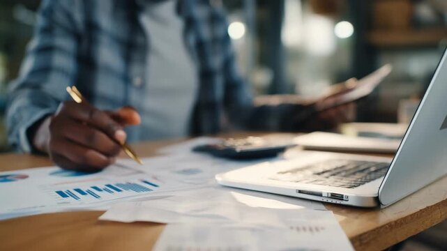 Dynamic medium shot capturing a team member compiling projectspecific financial documents with digital devices emphasizing budget tracking and cost analysis.