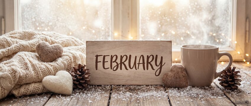 February winter still life with hearts and coffee by window