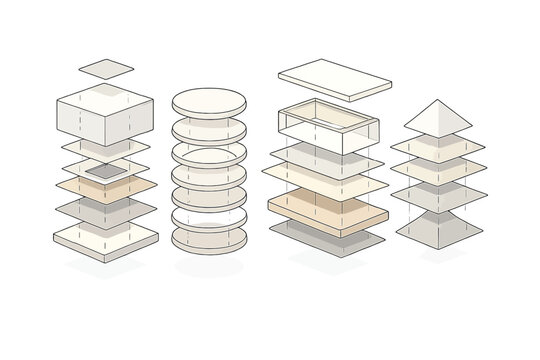 Cutaway Floating Cubes with Layered Internal Sections