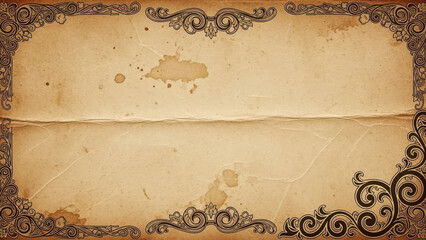 Aged paper background with ornate vintage scrollwork border frame.