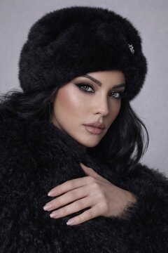 Glamorous Woman in Black Fur Coat and Hat, Elegant Luxury Portrait