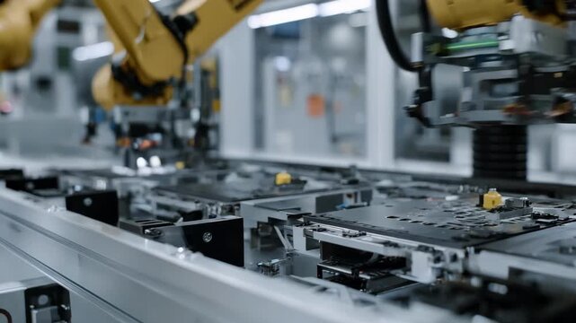 Medium shot of advanced stamping automation featuring robotic arms performing precision pickandplace tasks with metal sheets in a clean industrial setting.