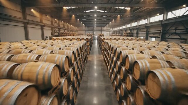 Low aerial sweeping pan showing a vast repetitive geometric pattern of symmetrically stacked wooden beer casks in a large commercial warehouse large, storage, top