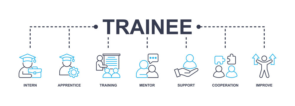Trainee banner web icon vector illustration concept for internship training and learning program apprenticeship with an icon of  intern, apprentice, training, mentor, support, cooperation, and improve