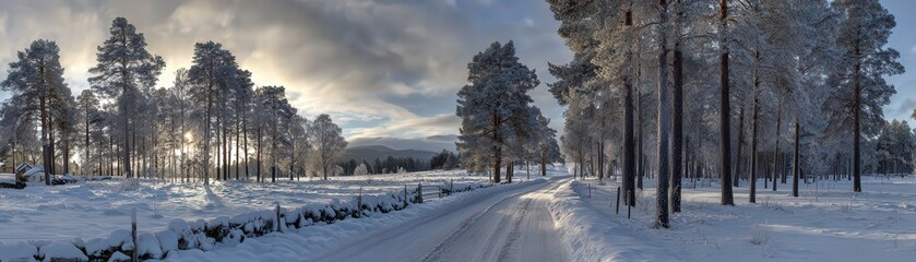 A serene winter landscape featuring snow-covered trees and a winding road under a cloudy sky, creating a tranquil atmosphere.