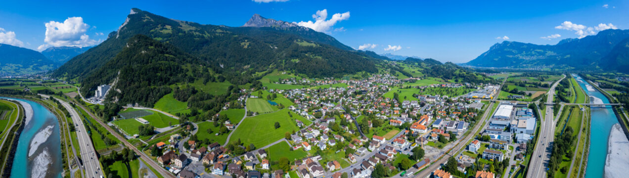 Aerial view around the city Flums in Switzerland on a sunny day in summer.