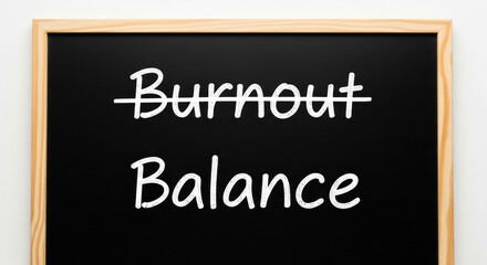 Obraz premium Close up of a chalkboard with the word burnout crossed out, balance is written beneath it in chalk. The message on the board is clear and positive.