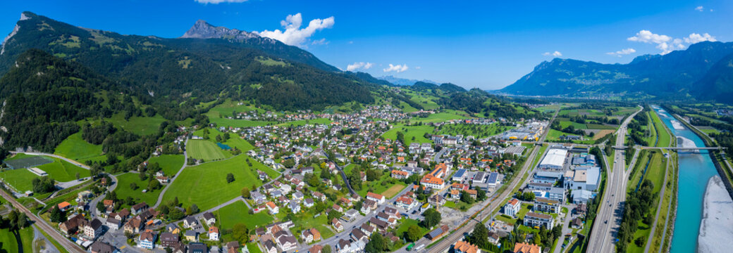 Aerial view around the city Flums in Switzerland on a sunny day in summer.