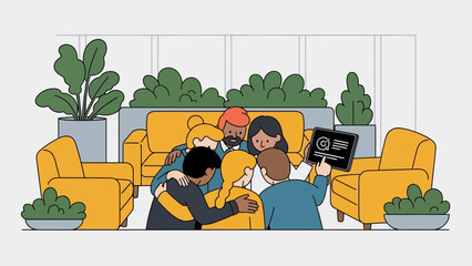 Diverse group of people hugging and celebrating together in modern living room