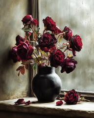 Burgundy Roses Still Life: Vintage Floral Arrangement in Vase by Window - Dark Red Flowers, Romantic, Elegant, Fine Art

