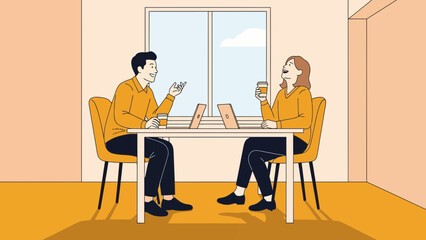 Colleagues in casual business attire collaborating over laptops at modern office table