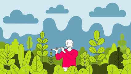 Serene scene of a man playing flute in a lush green meadow with clouds