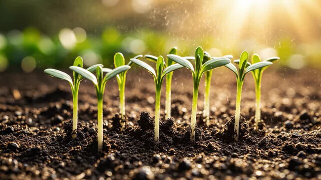 Emerging Growth in the Sunlight: Delicate seedlings emerge from the soil, their vibrant green leaves reaching towards the warm embrace of the sun. The scene evokes a sense of renewal, growth.